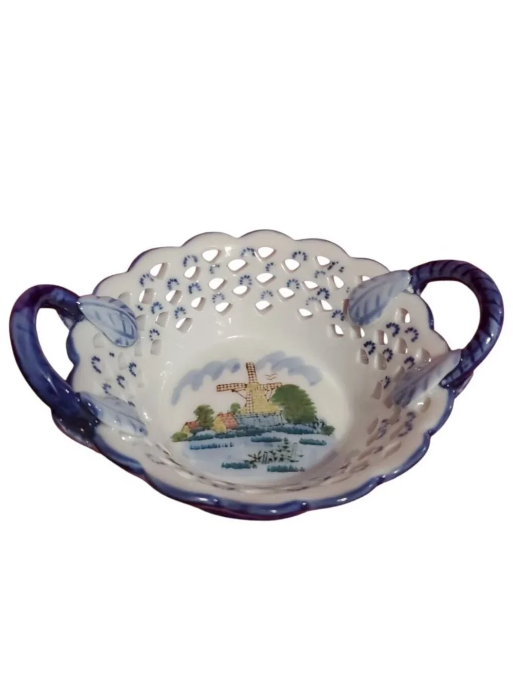 D.N&E.L Hand-Vtg Porcelain Basket W/Windmill Scene & Dual Handles Blue & White